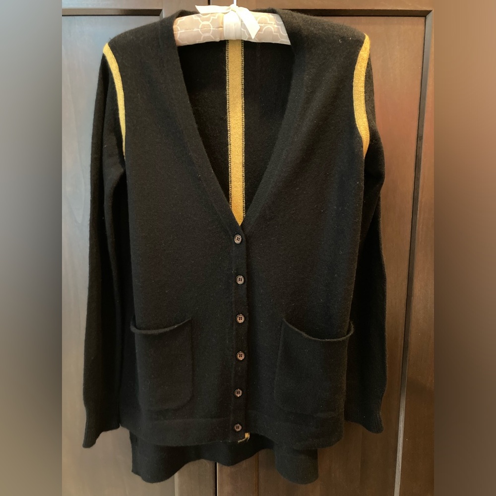 100% Cashmere Cardigan Black with Gold Stripes with POCKETS sz S
